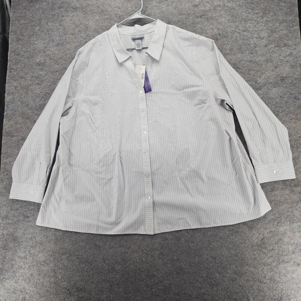Catherines Shirt Womens 3X 26/28W Button Up Long Sleeve White Black Striped
